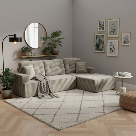 Sofá comprimido en salón moderno para comparar ventajas e inconvenientes