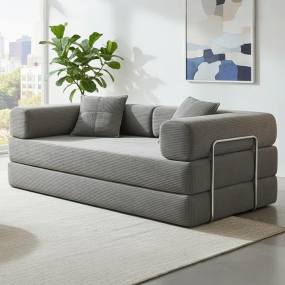 Sofá cama modular gris con chaise longue en salón moderno