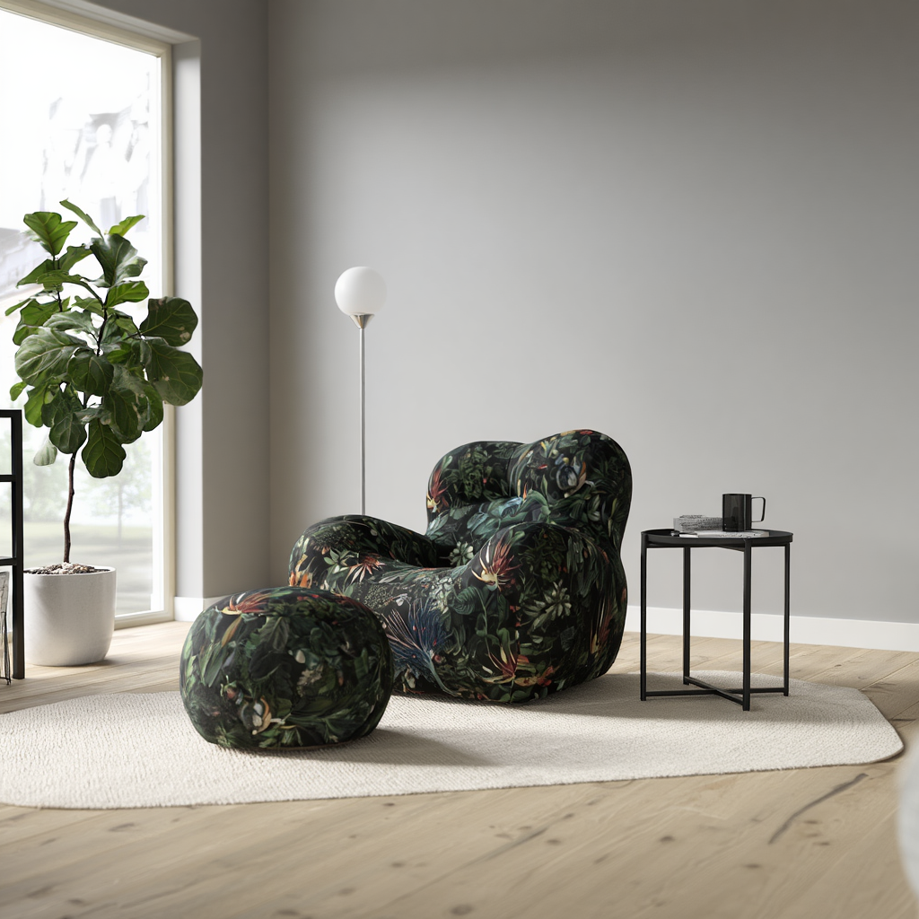 Sillón estampado floral verde con puf en salón moderno