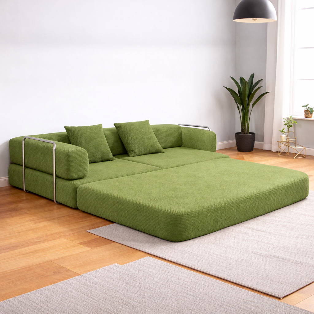Sofá cama modular verde extendido en salón luminoso