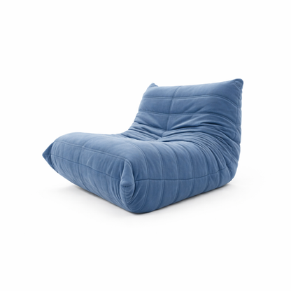 Sofá comprimido Oruga - sofá en caja ergonómico azul, vista de sillón compacto con diseño moderno y fácil transporte