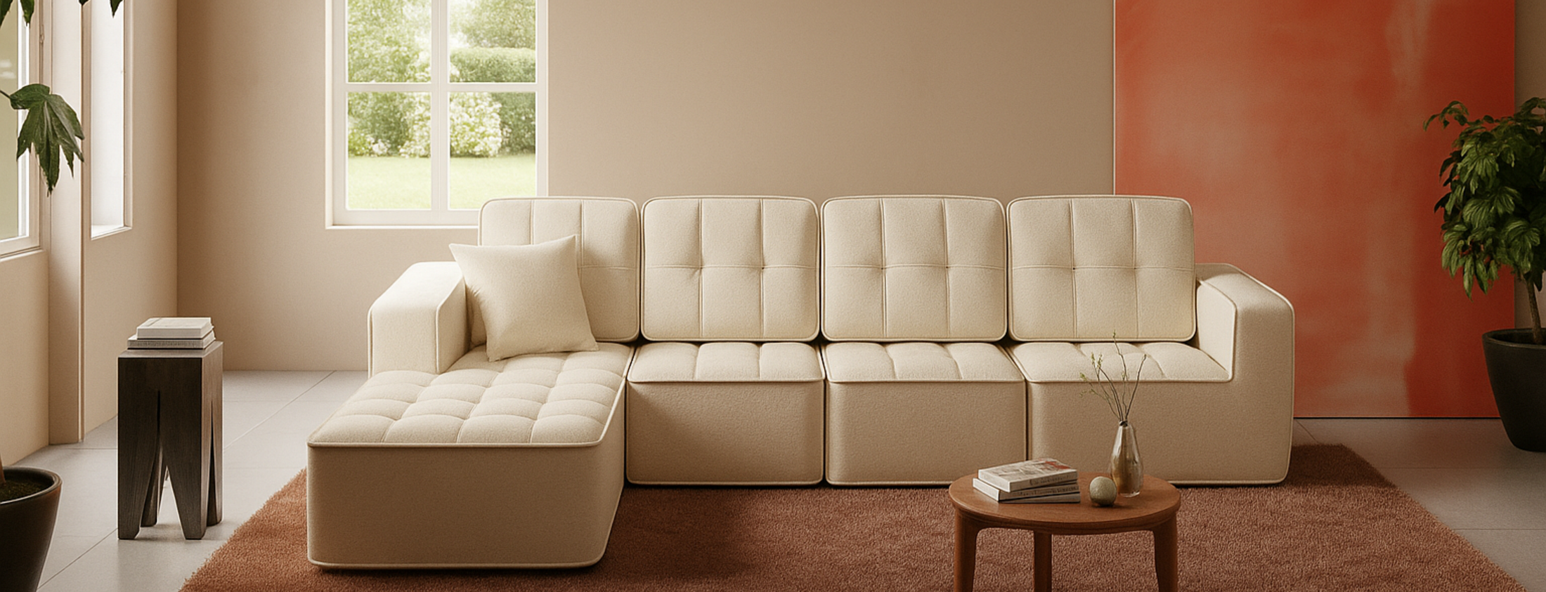 Sofá chaise longue modular blanco en salón moderno de Comprimible